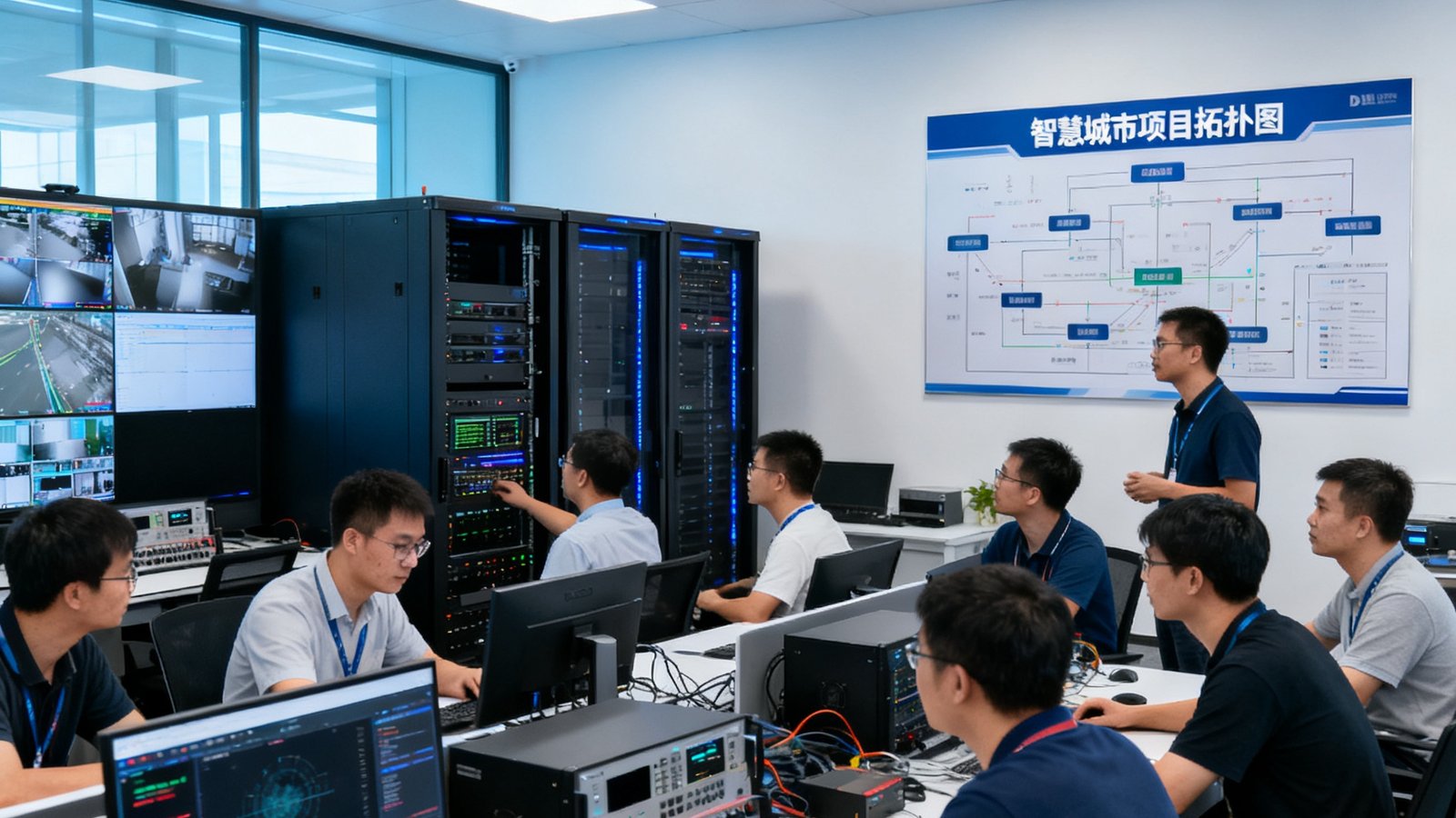 DB视讯深圳总部研发中心，数十名工程师在开放办公区围绕监控设备和算法服务器进行联合调试，墙上悬挂着智慧城市项目拓扑图。