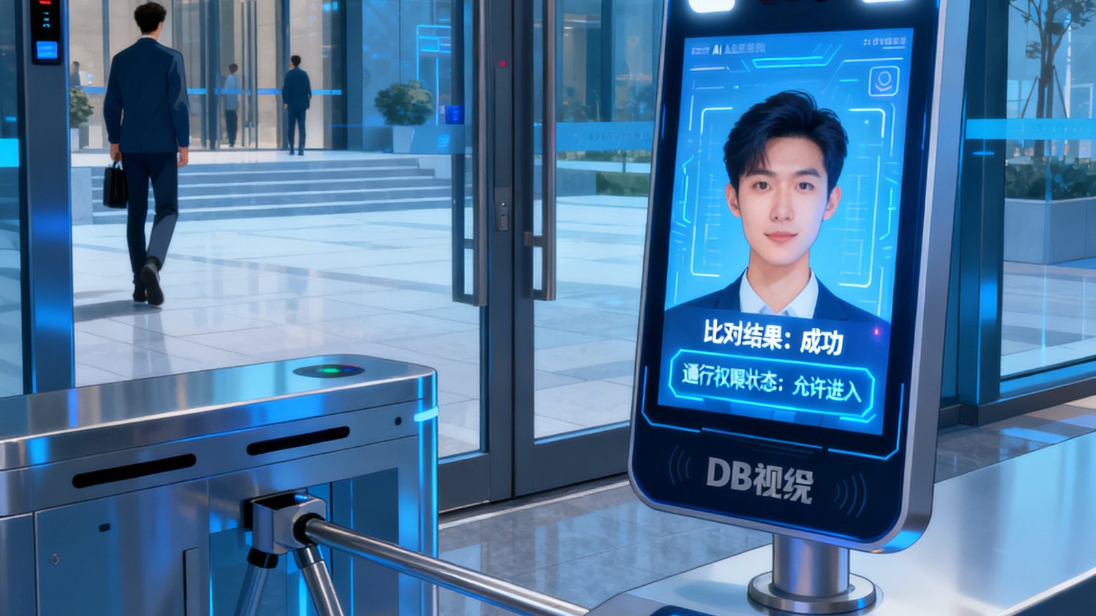 DB视讯AI人脸识别系统在办公楼门禁场景中实时识别通行人员面部特征，屏幕显示比中结果和通行权限状态。
