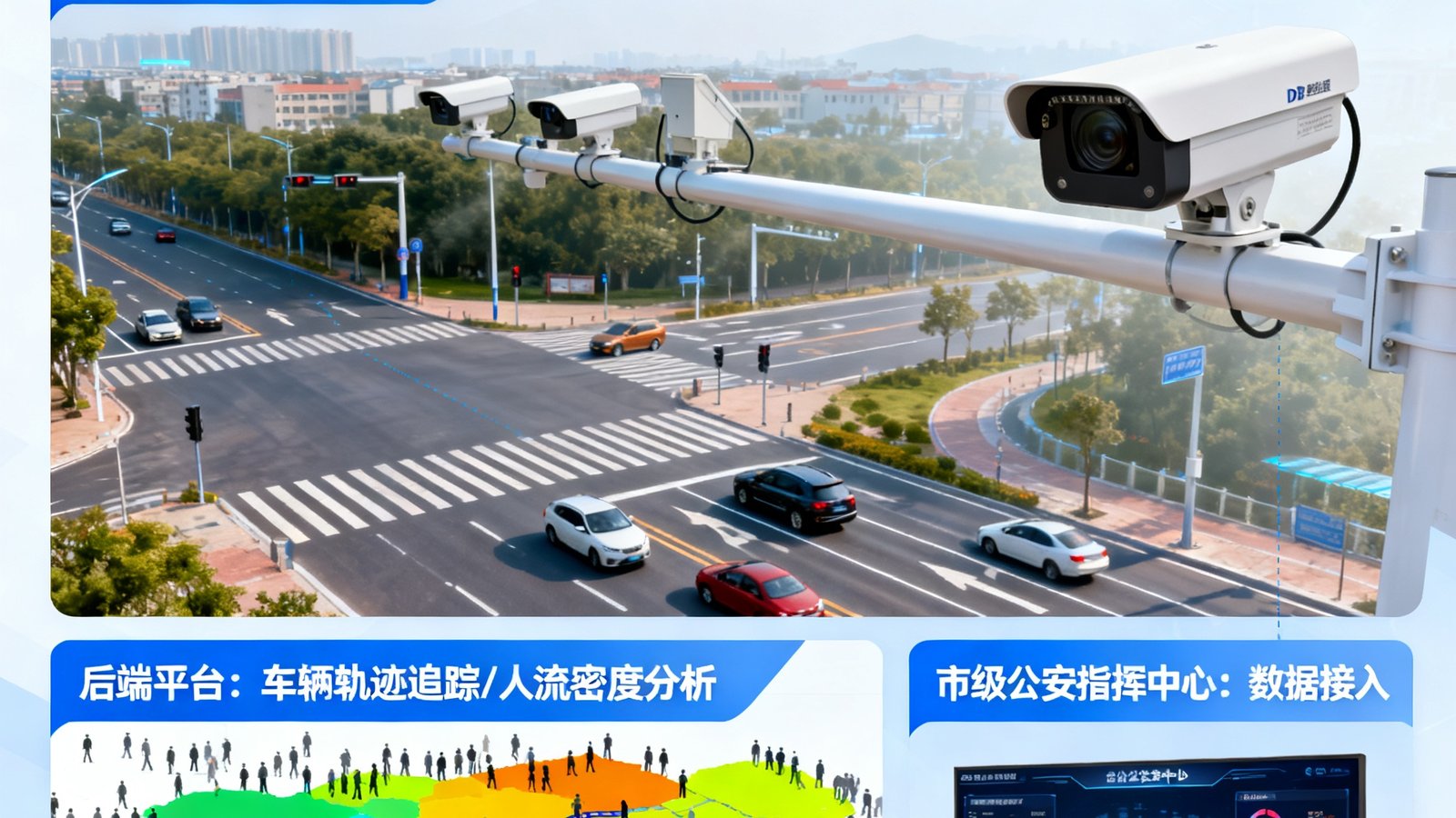 平安城市案例：某地级市主干道路口，DB视讯摄像头配合后端平台进行车辆轨迹追踪和人流密度分析，数据接入市级公安指挥中心。