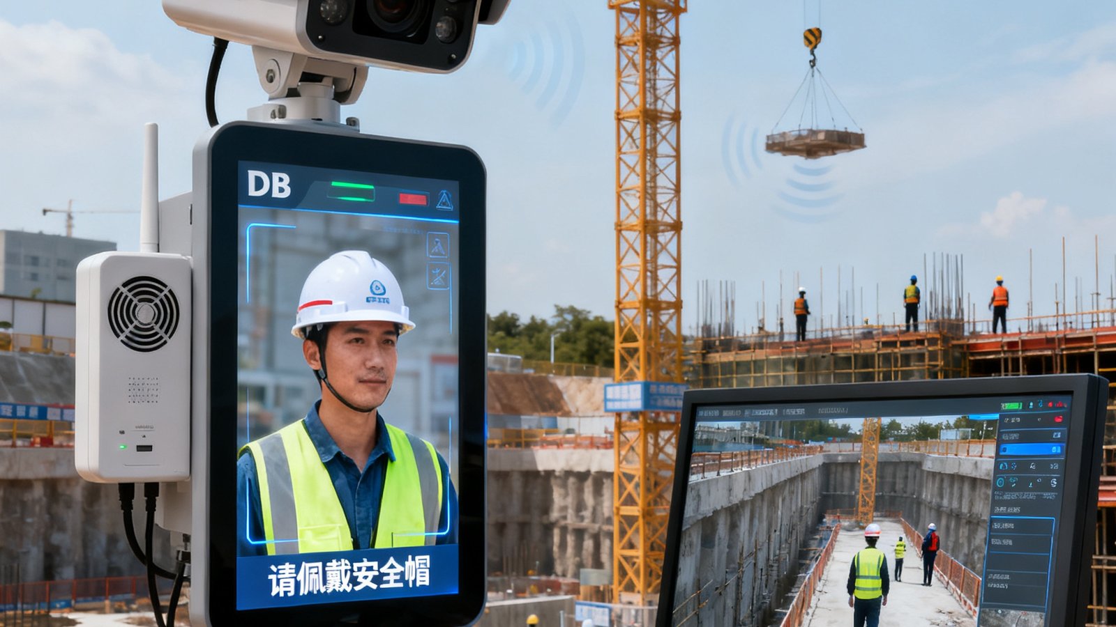 工地安监案例：大型建筑工地上，DB视讯摄像头识别未佩戴安全帽的工人并自动广播提醒，同时监测塔吊运行区域是否有人员闯入。