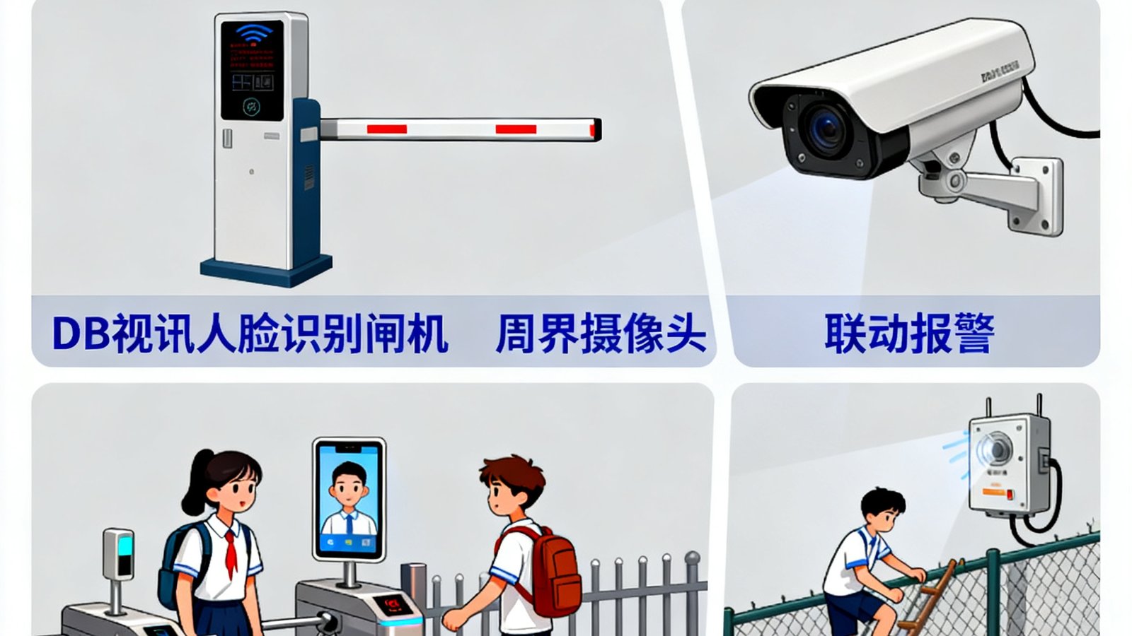 校园安防案例：某中学校门口，DB视讯人脸识别闸机识别学生和访客身份，围墙周界摄像头监测异常攀爬行为并联动报警。
