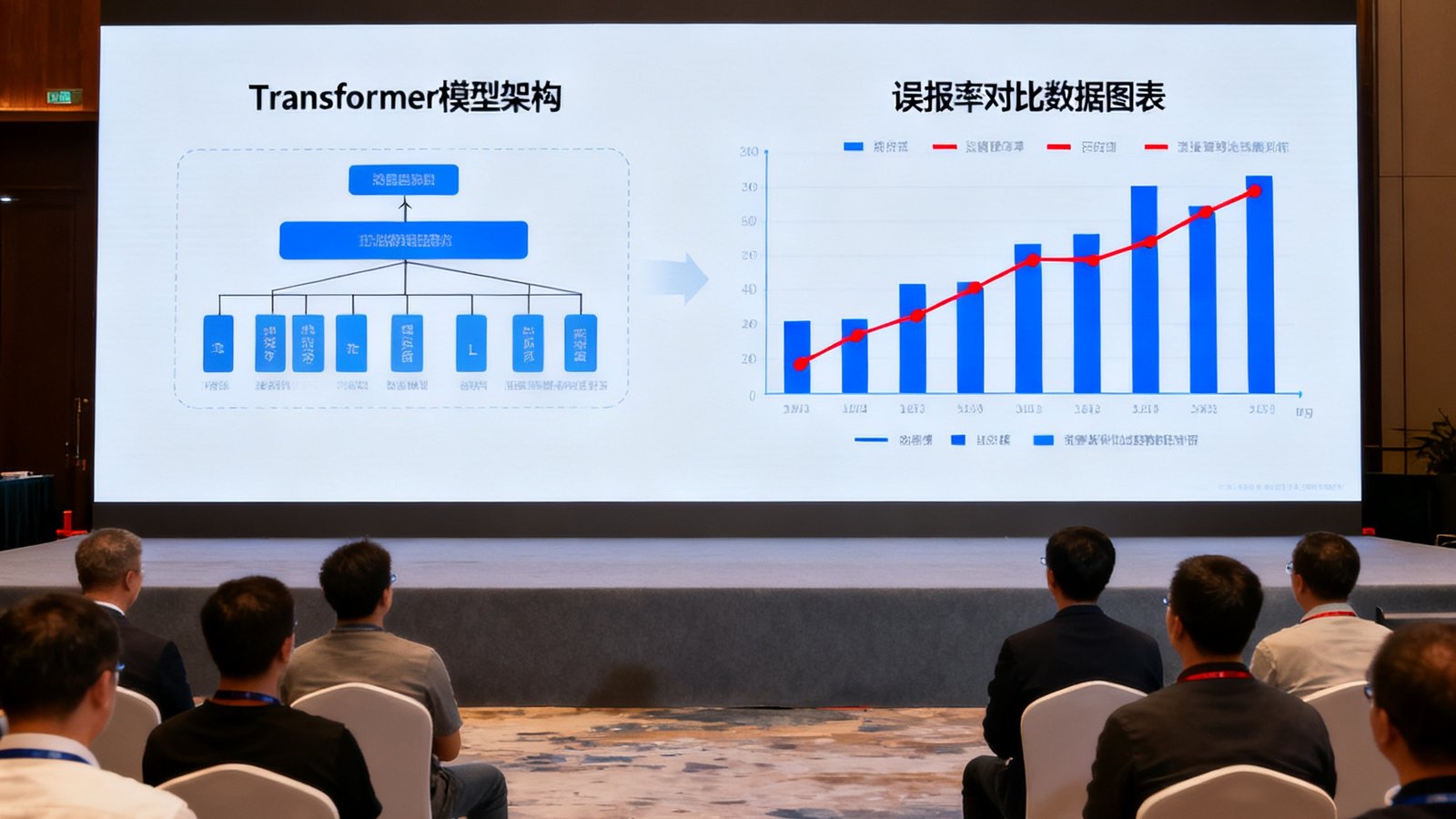 DB视讯第三代周界入侵预警算法发布会现场照片，大屏幕上展示Transformer模型架构和误报率对比数据图表。