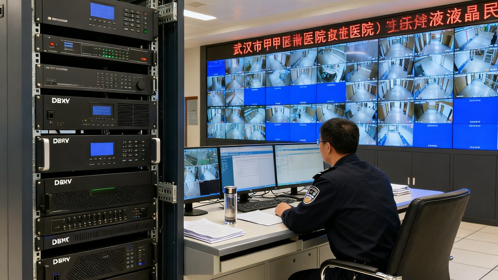 武汉某三甲医院监控室改造后的实景照片，新装的DB视讯NVR设备和液晶监视器墙运行中，安保人员在工位上查看画面。