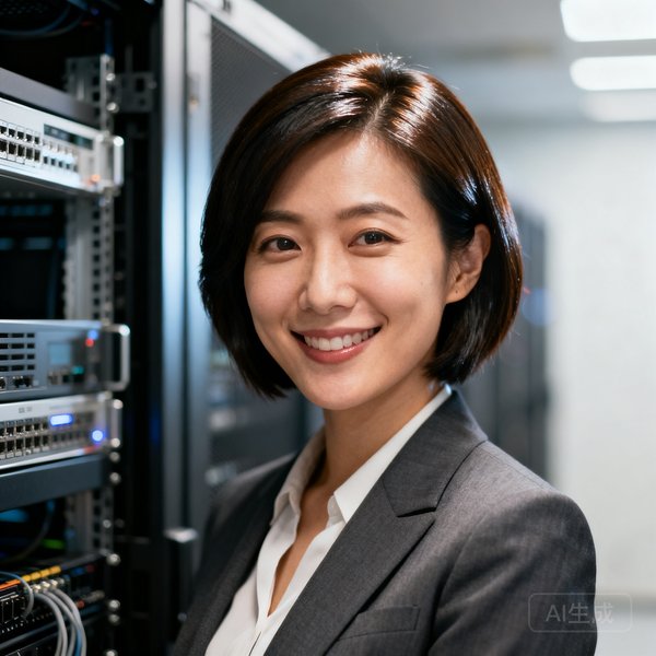 陈敏，联合创始人兼CTO，女性技术负责人，短发干练形象，在服务器机房背景前微笑的职场半身照。