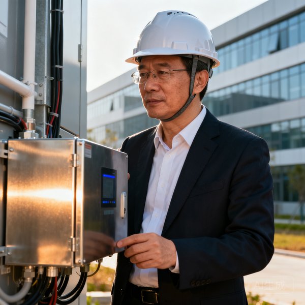 王建国，工程副总裁，中年男性工程师形象，头戴安全帽在智慧园区项目现场检查设备安装质量的半身照。